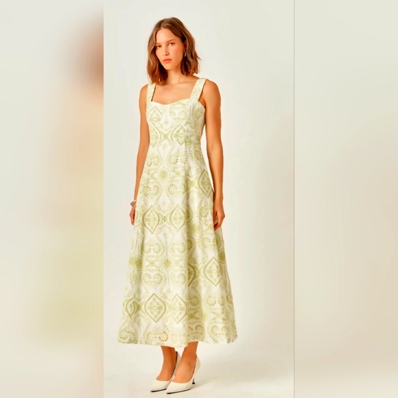 Endless Rose Green Pistachio Eyelet Embroidered White Cotton Maxi Dress Size M - Picture 3 of 16